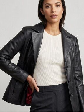 🆕 Wilsons Leather Black Leather Blazer Jacket with Burgundy Lining